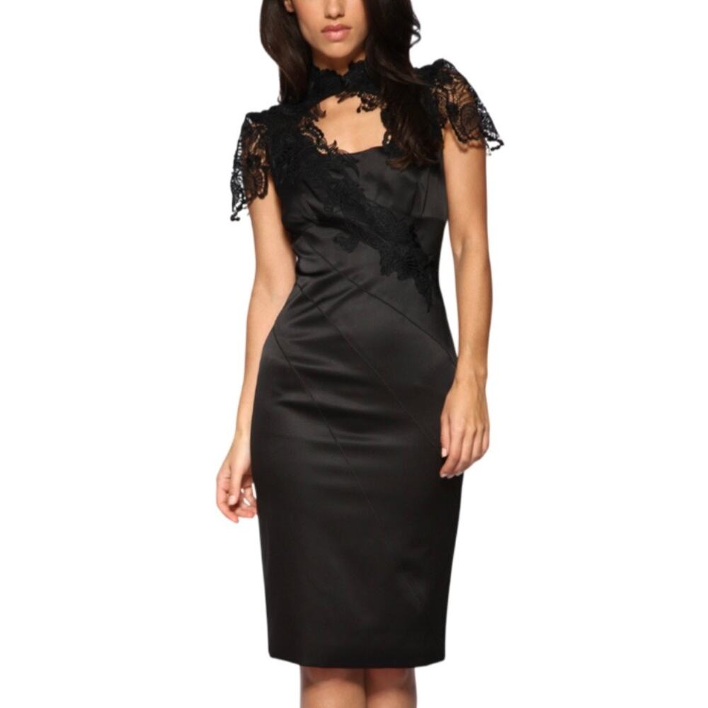 Karen Millen England Satin Silk Tuxedo Pencil Dress 8 Black Cocktail Lace Trim